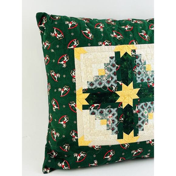 Vintge Christmas Quilted Decor Pillow Red Green Yellow 14x14 Rocking Horse Star - Picture 2 of 11